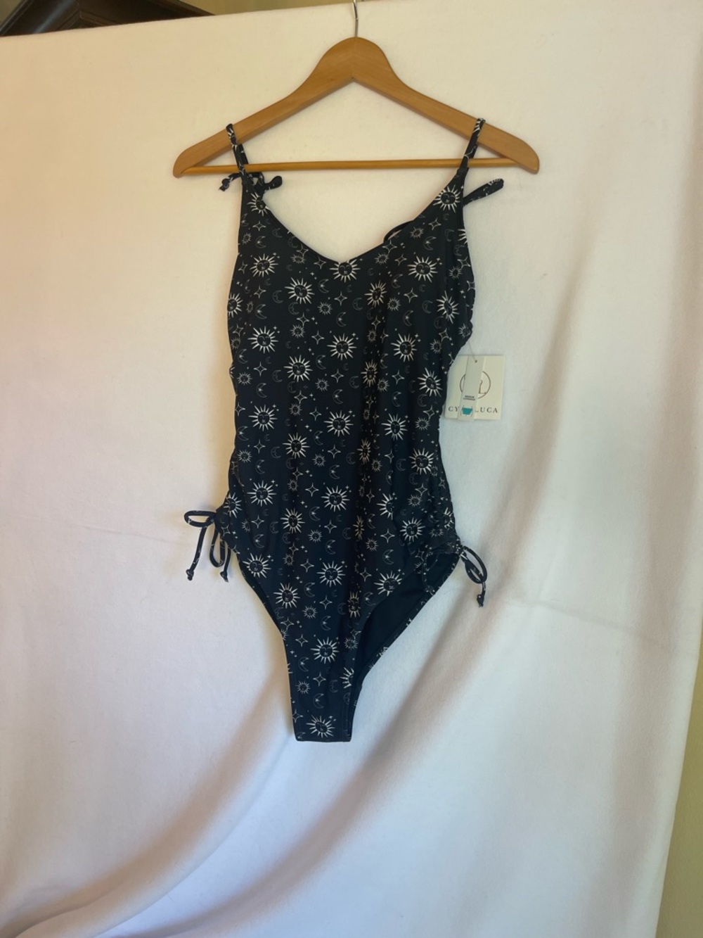 Black One Piece Swimsuit M Sun Moon Stars Whimsigoth Adj Straps Soft Cups NWT - Picture 3 of 14